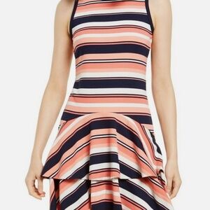 Michael Kors Coral Peach Ottoman Striped Flounce Hem Sleeveless Dress Size P